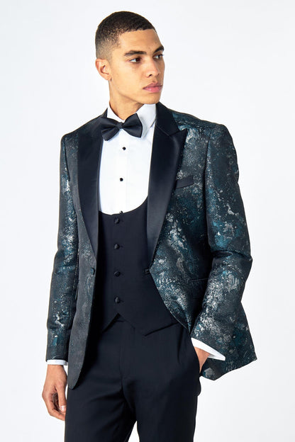 ALINO – GREEN BLACK PRINTED WEDDING PARTY TUXEDO 3 PIECE SUIT