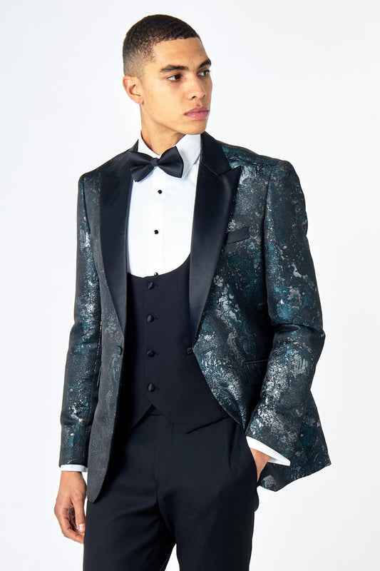 ALINO – GREEN BLACK PRINTED WEDDING PARTY TUXEDO 3 PIECE SUIT