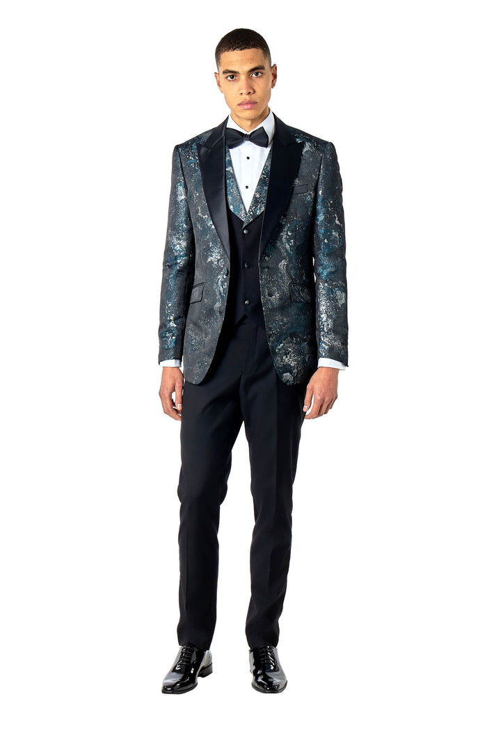 ALINO – GREEN BLACK PRINTED WEDDING PARTY TUXEDO 3 PIECE SUIT