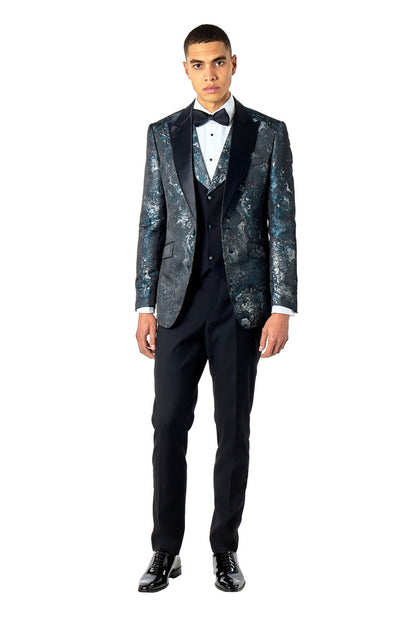 ALINO – GREEN BLACK PRINTED WEDDING PARTY TUXEDO 3 PIECE SUIT