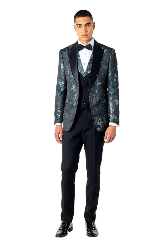 ALINO – GREEN BLACK PRINTED WEDDING PARTY TUXEDO 3 PIECE SUIT