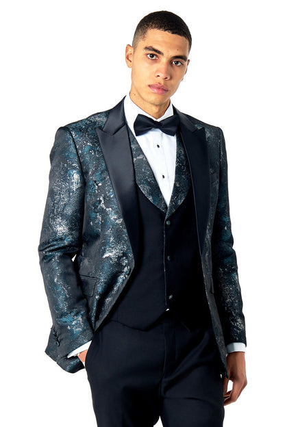 ALINO – GREEN BLACK PRINTED WEDDING PARTY TUXEDO 3 PIECE SUIT