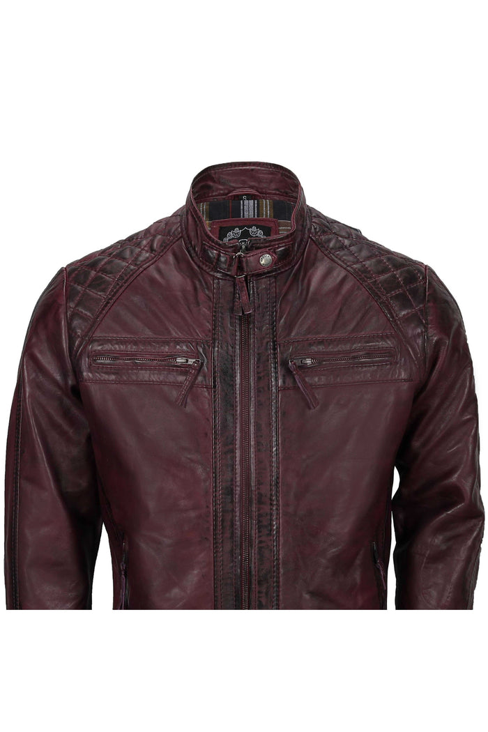 ANTIQUED WASH MAROON BIKER JACKET