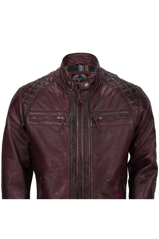 ANTIQUED WASH MAROON BIKER JACKET