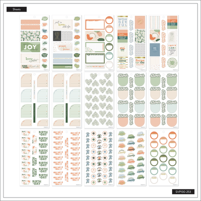 Apricot & Sage Mom - Value Pack Stickers featuring assorted planner and journal stickers with pastel apricot, sage, and neutral tones, including labels, quotes, and decorative elements for Happy Planner or disc bound planners.