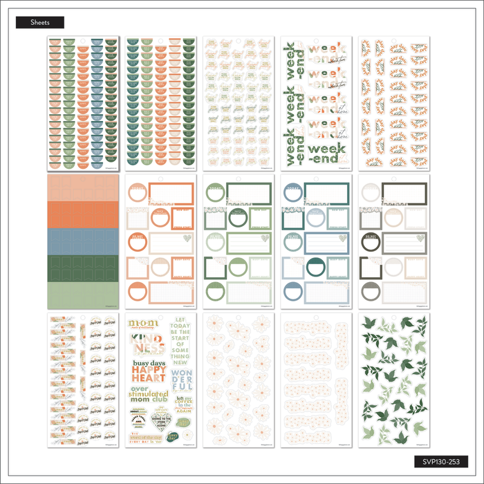 Apricot & Sage Mom - Value Pack Stickers featuring pastel tones in apricot, sage, and blue with floral, weekend, and reminder designs for use in Happy Planner, journals, and disc bound planners.