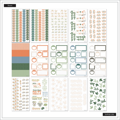 Apricot & Sage Mom - Value Pack Stickers featuring pastel tones in apricot, sage, and blue with floral, weekend, and reminder designs for use in Happy Planner, journals, and disc bound planners.