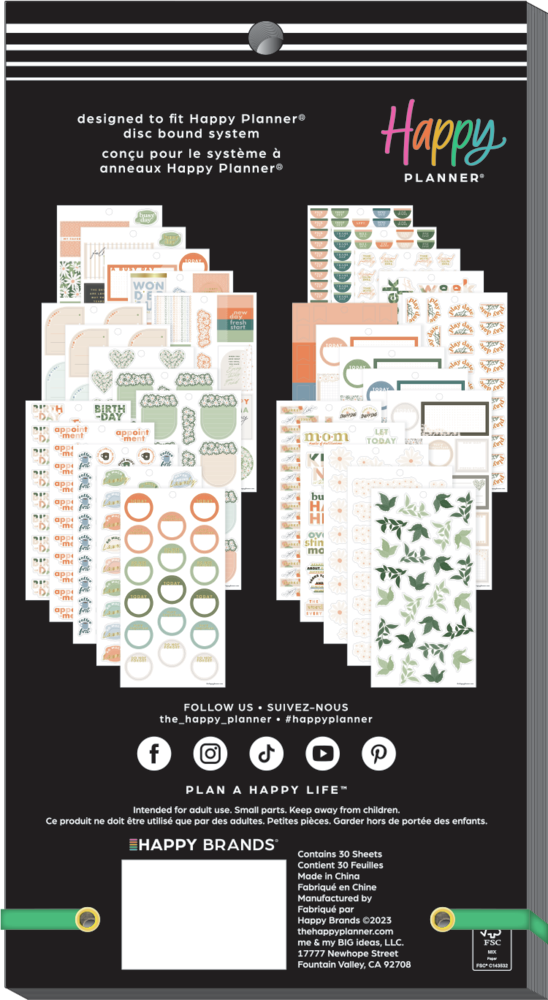 Back packaging of Apricot & Sage Mom - Value Pack Stickers showing multiple colorful sticker sheets designed to fit Happy Planner disc bound system with floral and functional planner sticker designs.