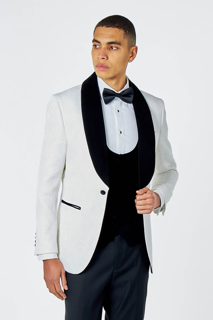 ARCHIE – White Tuxedo 3 Piece Suit Damask Jacquard Print