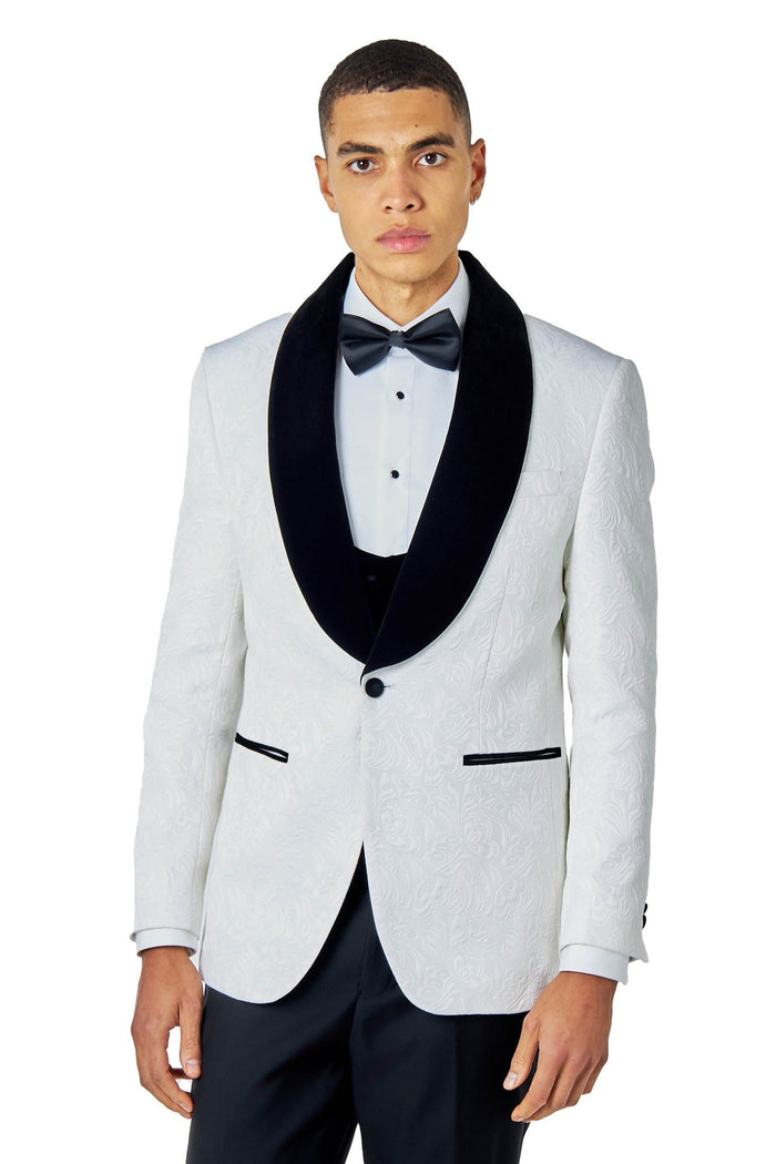 ARCHIE – White Tuxedo 3 Piece Suit Damask Jacquard Print