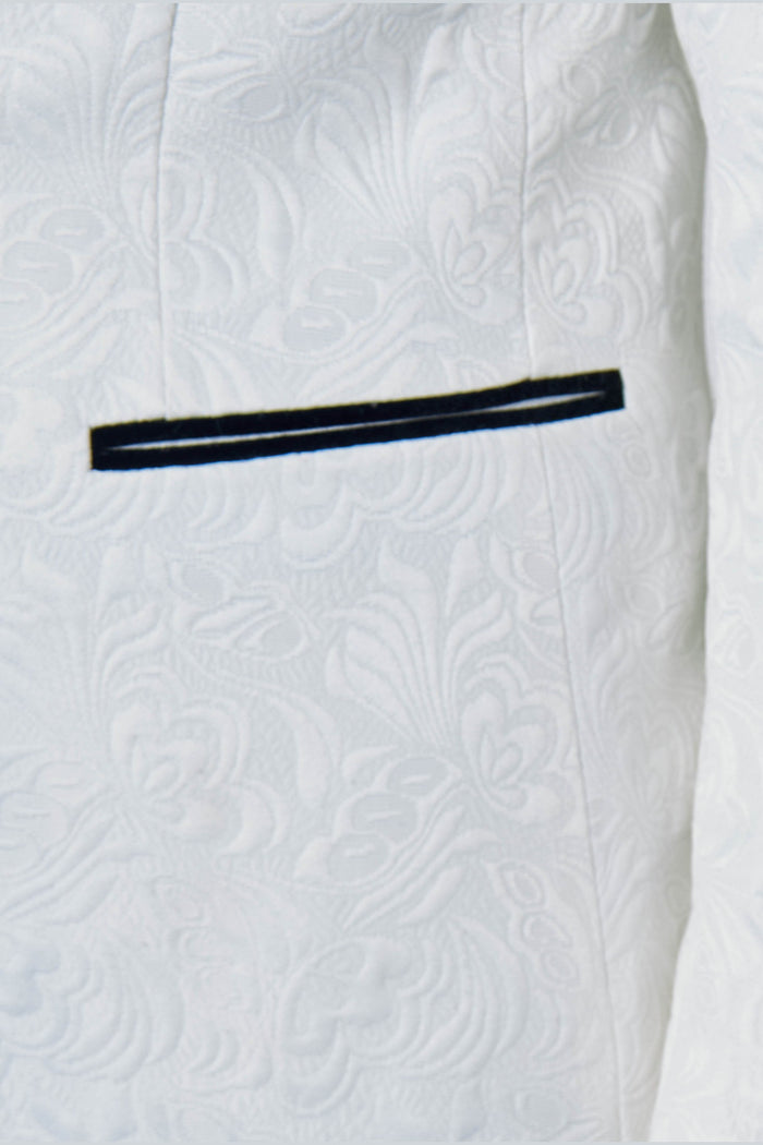 ARCHIE – White Tuxedo 3 Piece Suit Damask Jacquard Print