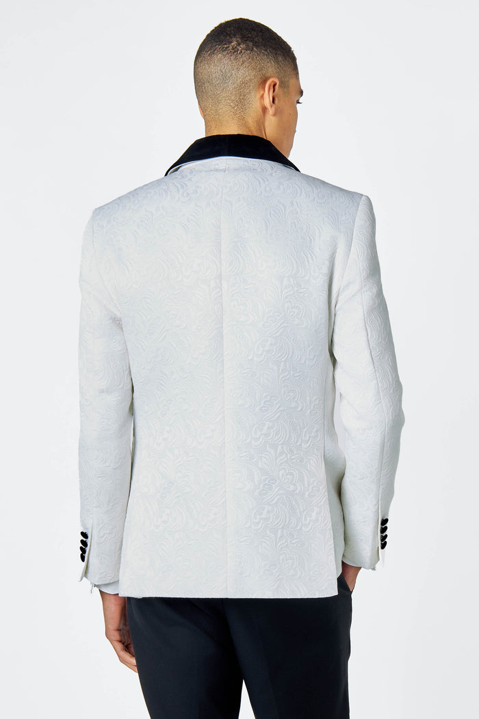 ARCHIE – White Tuxedo 3 Piece Suit Damask Jacquard Print