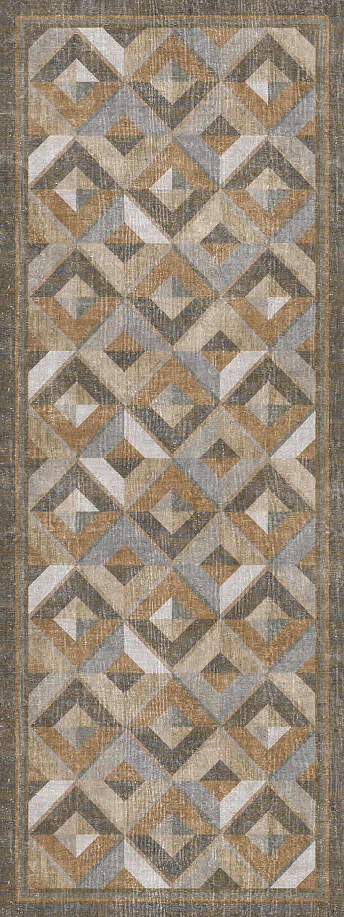 Grey, tan, and cream runner rug featuring a repeating geometric diamond pattern with a distressed, textured finish.