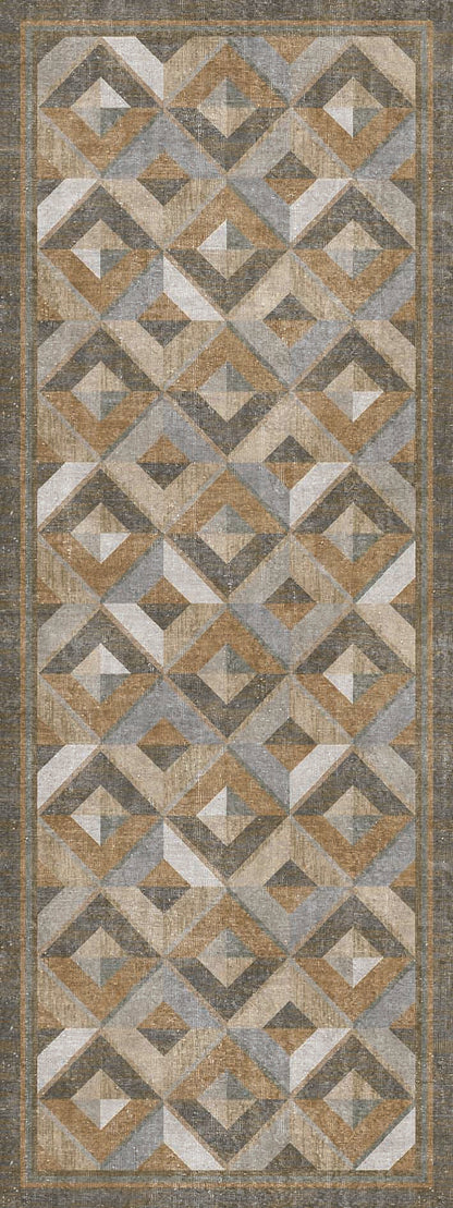 Grey, tan, and cream runner rug featuring a repeating geometric diamond pattern with a distressed, textured finish.