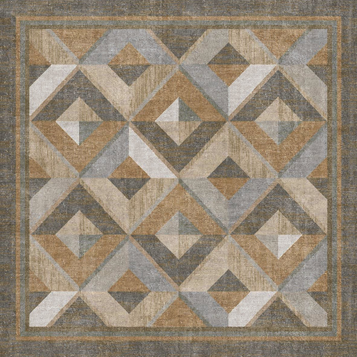 Grey and tan rug with a geometric diamond pattern and a bordered frame.