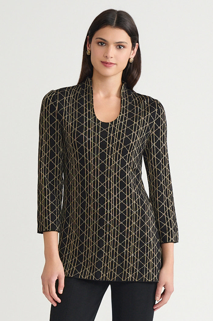 Art Deco Lurex Soft Knit Tunic, Black/Gold | Ming Wang