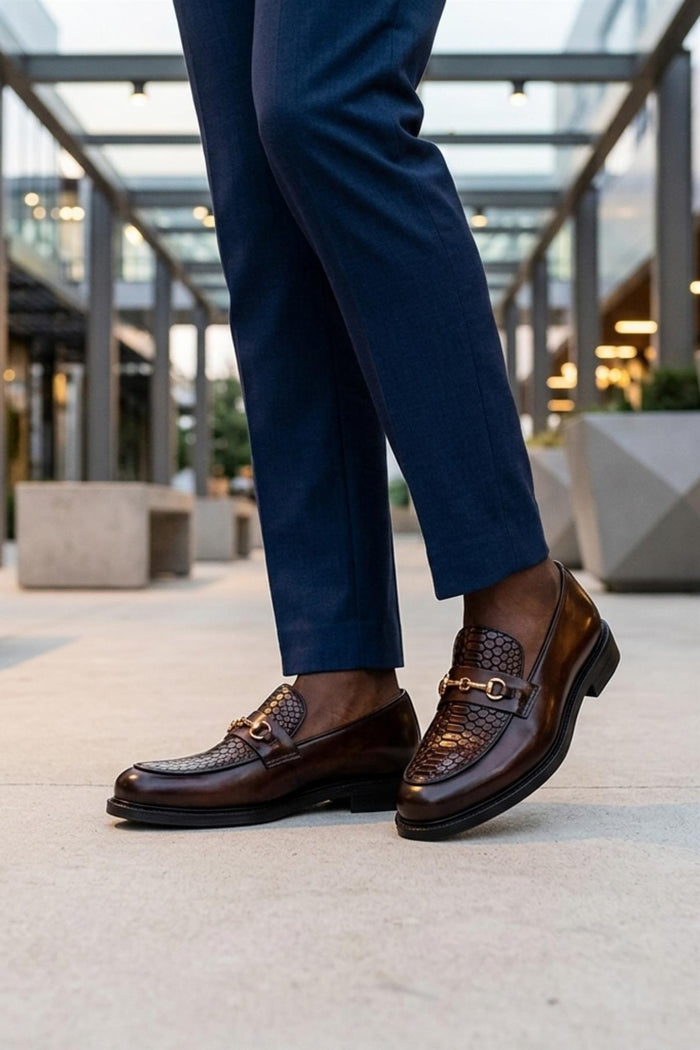 ASCOT Men’s Brown Snake-Effect Leather Snaffle Loafers