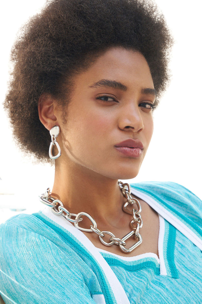Asymmetrical Link Drop Earrings, Rhodium | Ming Wang