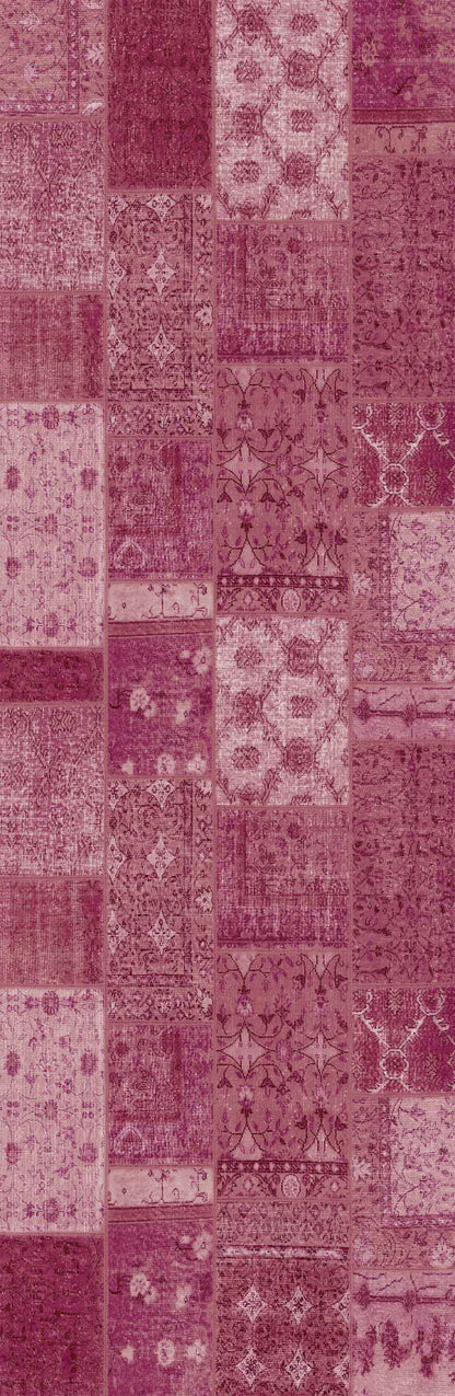 The Berry Patchwork - Washable Rug - JRN1040 features a vintage-inspired patchwork of pink and mauve rectangles and squares, perfect for high-traffic areas and adding charm to any space.