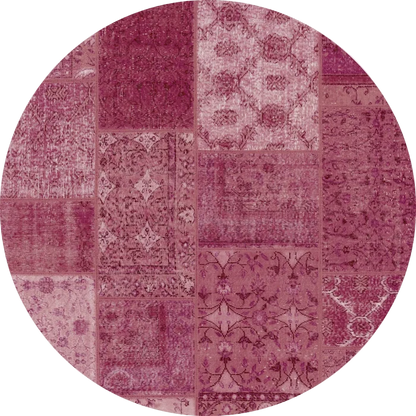 Berry Patchwork - Washable Rug (JRN1040) is a round rug with pink and purple patchwork, each rectangle featuring intricate patterns. Ideal for allergy-sensitive homes and high-traffic areas, it's easy to wash and maintain.