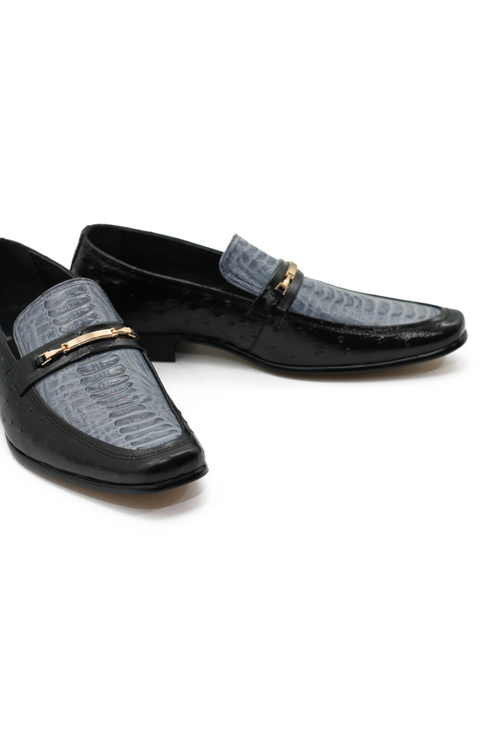 BLACK & BLUE LEATHER CROC PRINT LOAFERS