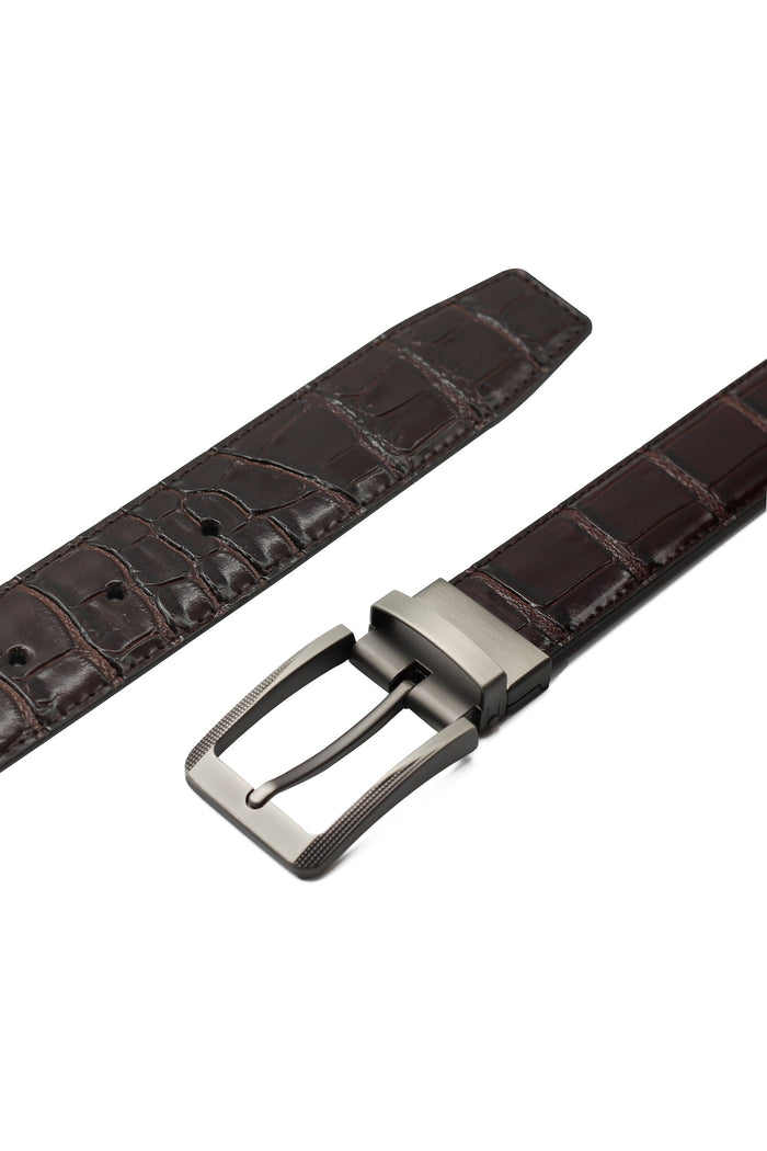 BLACK & BROWN CROC PRINT LEATHER REVERSIBLE BELT