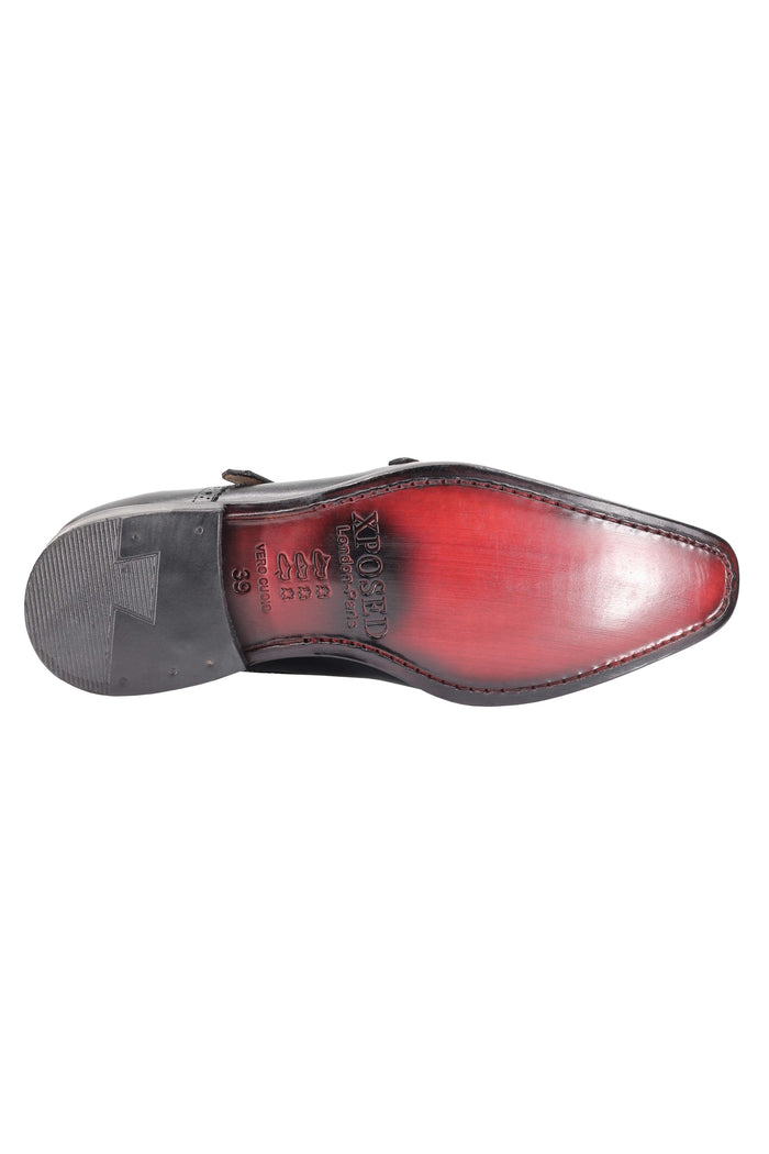 BLACK CALF LEATHER SEMI BROGUE MONK SHOES