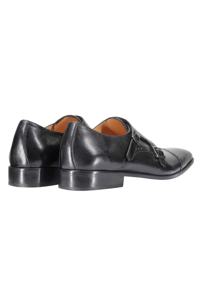 BLACK CALF LEATHER SEMI BROGUE MONK SHOES