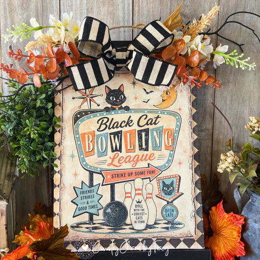 Black Cat Bowling League Halloween Retro Sign Decor