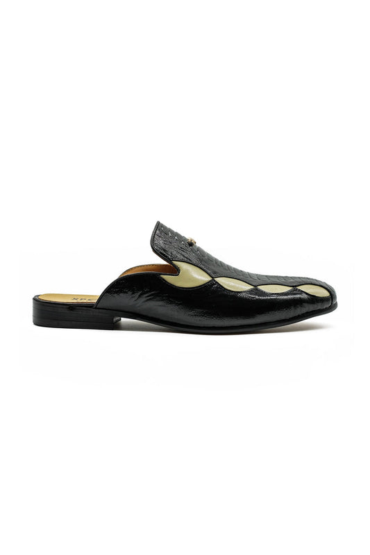Black Cream Real Leather Half Shoes Detailed Printed