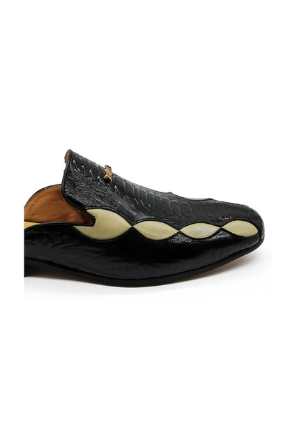 Black Cream Real Leather Half Shoes Detailed Printed