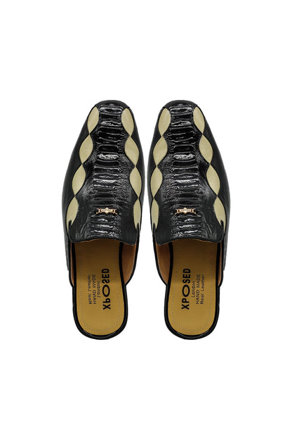 Black Cream Real Leather Half Shoes Detailed Printed