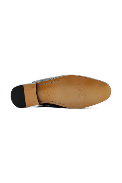 Black Cream Real Leather Half Shoes Detailed Printed