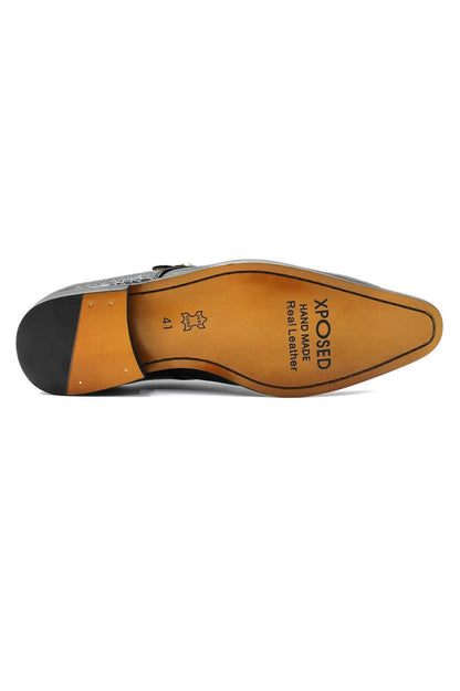 BLACK CROC PRINT PATENT LEATHER MONK SHOES
