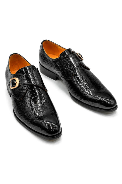 BLACK CROC PRINT PATENT LEATHER MONK SHOES