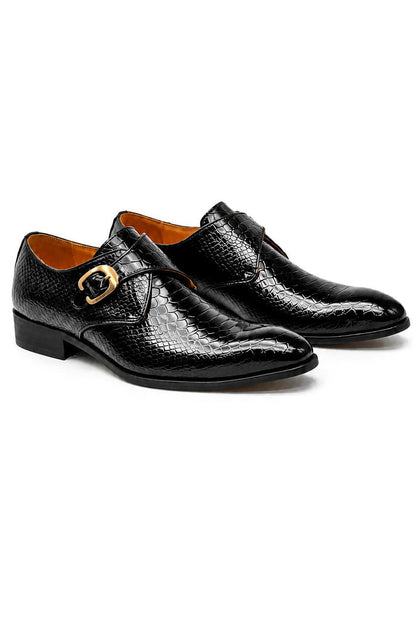 BLACK CROC PRINT PATENT LEATHER MONK SHOES