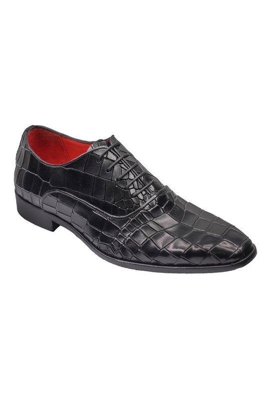 BLACK – CROCO PRINTED LEATHER OXFORDS