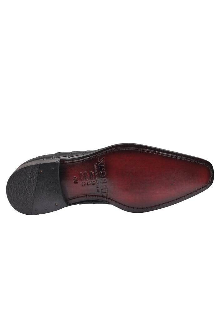 BLACK – CROCO PRINTED LEATHER OXFORDS