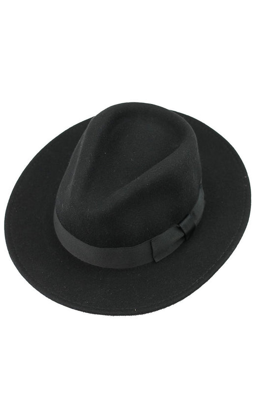 Black Crushable Fedora 100% Wool Wide Brim Hat