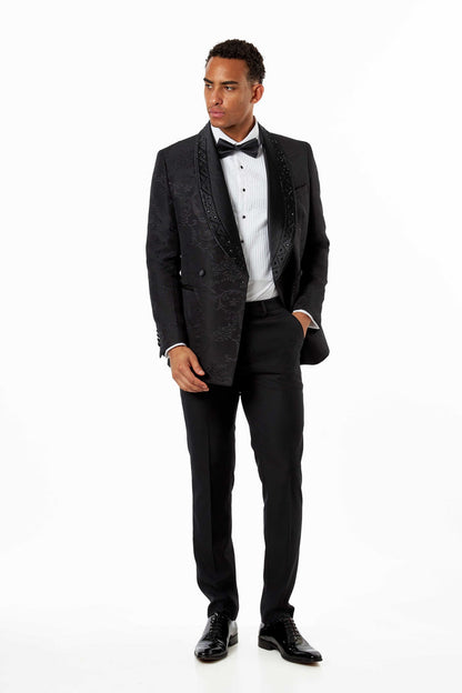 Black Double Breasted Tuxedo Jacket Studded Shawl Lapel Jacquard Blazer