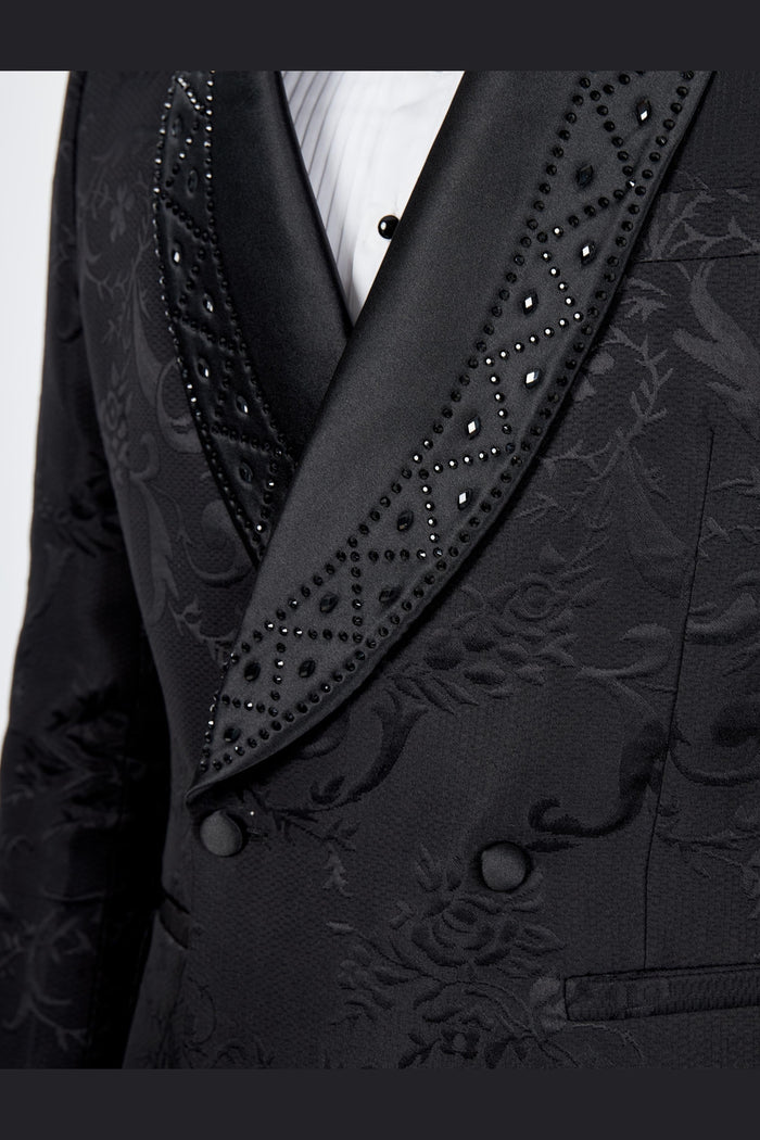 Black Double Breasted Tuxedo Jacket Studded Shawl Lapel Jacquard Blazer