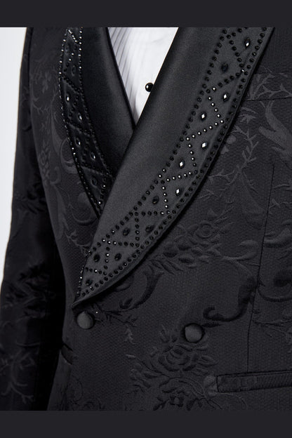 Black Double Breasted Tuxedo Jacket Studded Shawl Lapel Jacquard Blazer