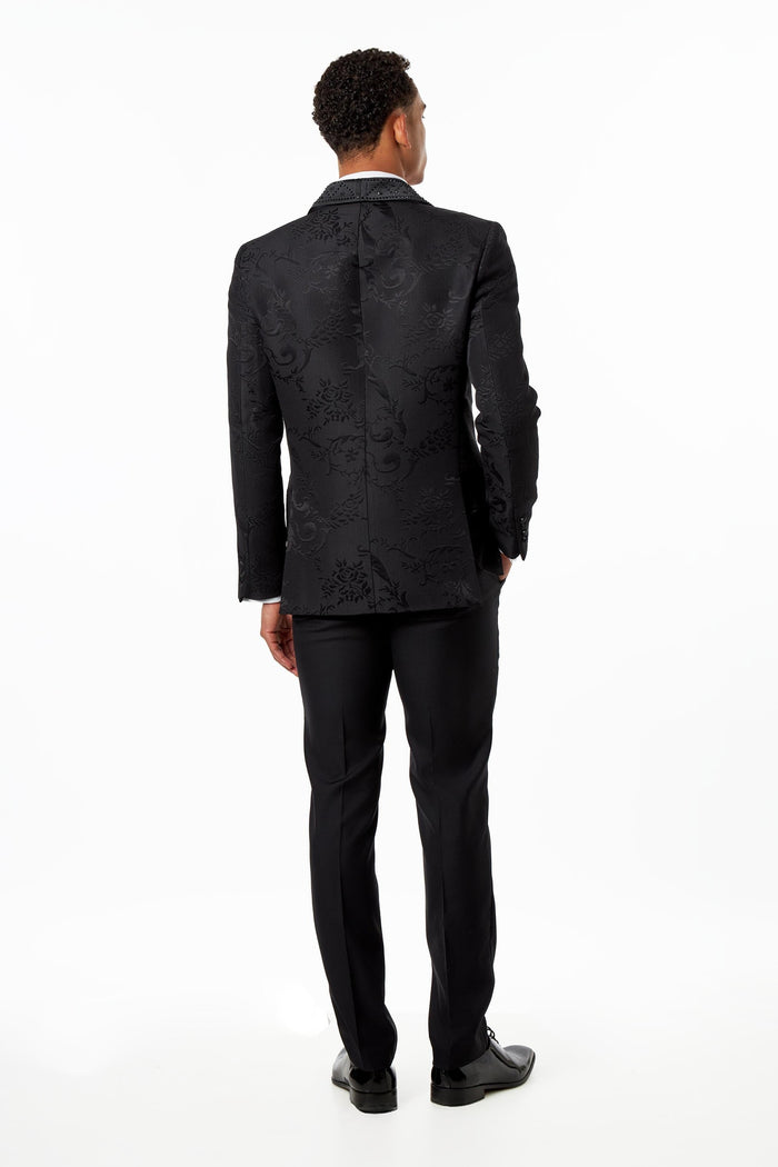 Black Double Breasted Tuxedo Jacket Studded Shawl Lapel Jacquard Blazer