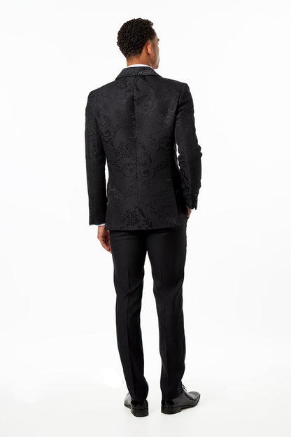 Black Double Breasted Tuxedo Jacket Studded Shawl Lapel Jacquard Blazer