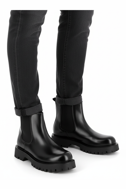 Black Faux Leather Chelsea Boots Chunky Cleated Sole