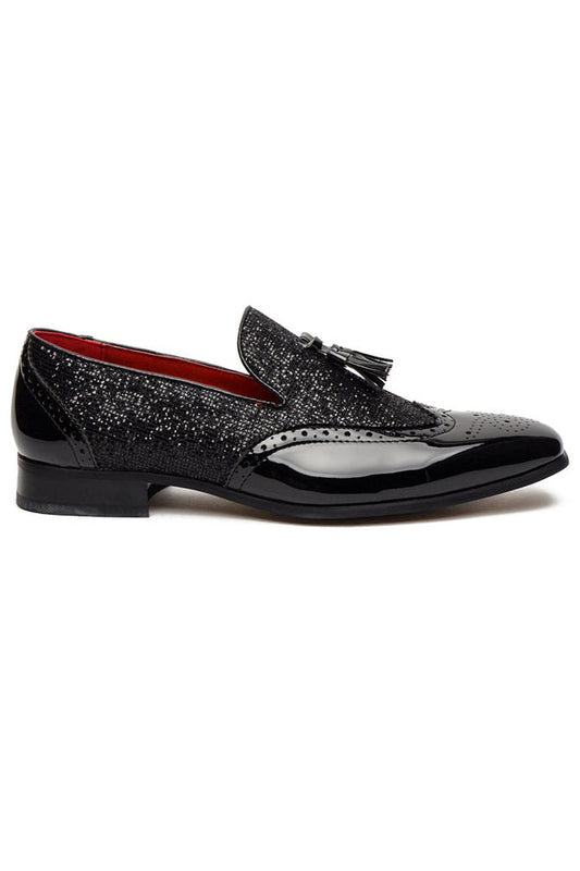 BLACK FAUX PATENT LEATHER SHINY GLITTER PARTY TASSEL LOAFER