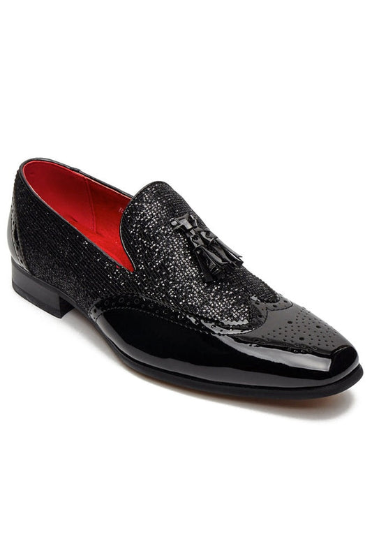 BLACK FAUX PATENT LEATHER SHINY GLITTER PARTY TASSEL LOAFER