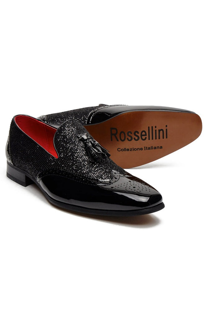 BLACK FAUX PATENT LEATHER SHINY GLITTER PARTY TASSEL LOAFER