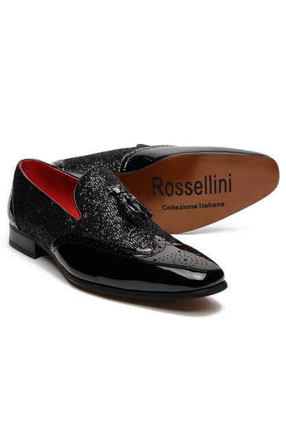 BLACK FAUX PATENT LEATHER SHINY GLITTER PARTY TASSEL LOAFER