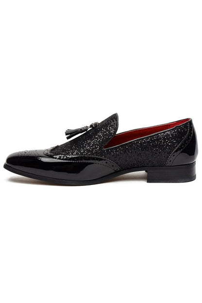 BLACK FAUX PATENT LEATHER SHINY GLITTER PARTY TASSEL LOAFER